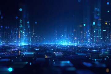 Abstract digital cityscape with glowing blue lights, representing data and information flow
