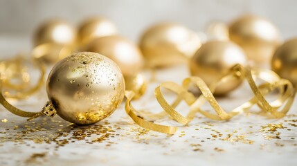 Sparkling golden ornaments with festive ribbons and glitter rest on a light surface, creating a celebratory atmosphere.