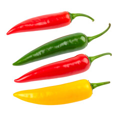 Vibrant chili peppers in varying colors, red, green, and yellow, arranged on a plain black background, showcasing their glossy surfaces and curved shapes against the contrasting backdrop,...