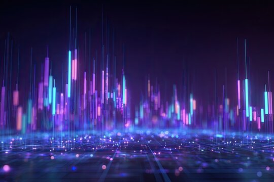 Abstract digital rendering of financial data visualizations, lines and dots in a dark space