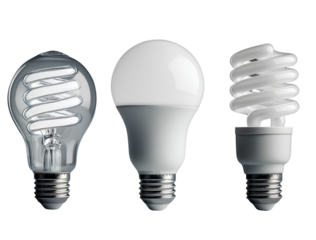  generate three images of light bulbs, each representing different styles and sizes for lighting in the home. the first bulb is an incandescent bulb with a white background.png