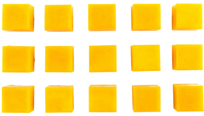 Fifteen identical bright yellow cubes arranged in a grid against a stark black background, creating a striking and minimalist visual with a repeating pattern and a high-contrast color scheme,...