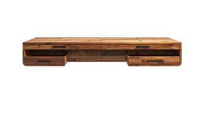 Wooden desk furniture crafted with drawers features a modern design and minimalist aesthetics against a dark background, showcasing the details of the drawers for a workplace.