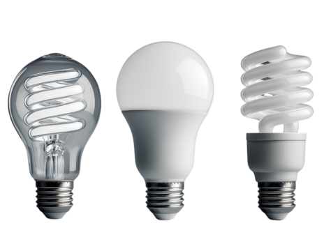  generate three images of light bulbs, each representing different styles and sizes for lighting in the home. the first bulb is an incandescent bulb with a white background.png