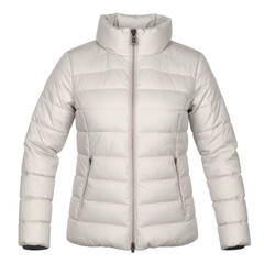 A stylish, neutral-colored puffer jacket with a high collar and a full zipper is displayed against a simple black background, exhibiting a minimalist and modern design.