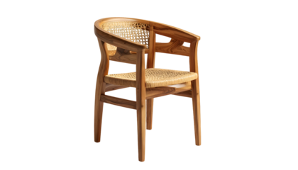 The wooden armchair displays a natural, warm aesthetic, featuring woven cane and a light brown hue, set against a stark black backdrop.