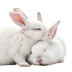 Two cute white rabbits cuddling isolated on transparent background photograph