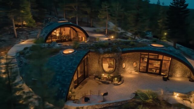 Unique, stone-clad geodesic homes nestled within a tranquil forest setting at night.