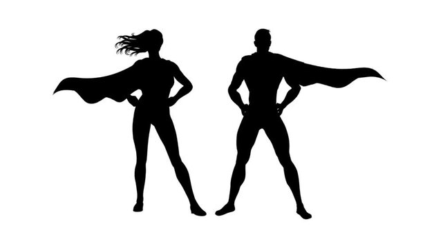 Animated silhouettes of two superheroes, one male and one female, wearing capes and striking heroic poses