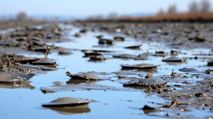 Shallow water reflecting the clear blue sky, with dark, flat mud formations spread across the foreground. The sun softly illuminates the scene.