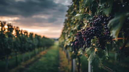 Ripe purple grapes hang heavily on vines, their leaves green, under a cloudy dusk sky. A vibrant sunset illuminates the rows of grape plants, creating a warm, inviting ambiance in the orchard setting.