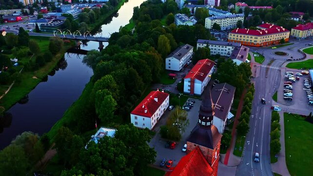 St. Simon&rsquo;s Church and Gauja River in Valmiera Viewed From Above at Twilight, in Descending View