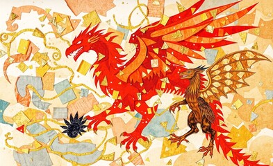 Vibrant fantasy art depicting two mythical winged creatures, a fiery red beast and a smaller golden one, amidst shimmering geometric patterns.