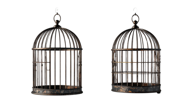  Round bird cage and rectangular bird cage isolated on transparent background