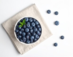 Overhead shot of a white bowl overflowing with ripe blueberries, napkin
