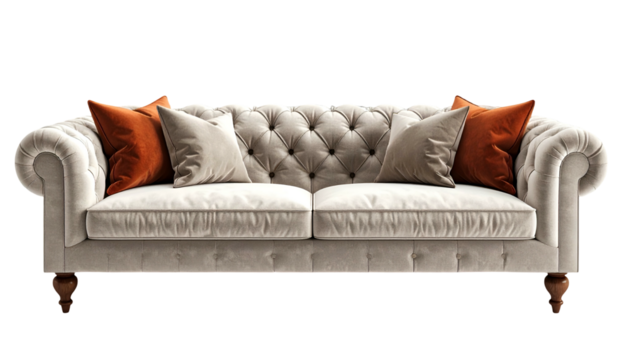 Luxurious tufted sofa with matching pillows in complementary colors, showcasing classic design and elegant details against a stark black background, exuding comfort and refined aesthetics, perfect...