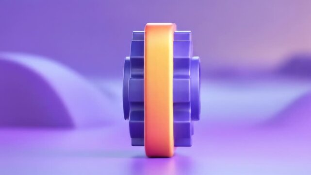 A 3D-rendered icon of a purple cogwheel set on an orange-pink rounded square, on a gradient purple backdrop