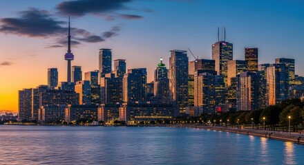 Naklejka premium Impressive cityscape photograph showcases a collection of tall buildings and skyscrapers standing along a waterfront, illuminated by warm lights during the sunset and dusk, with the sky exhibiting...