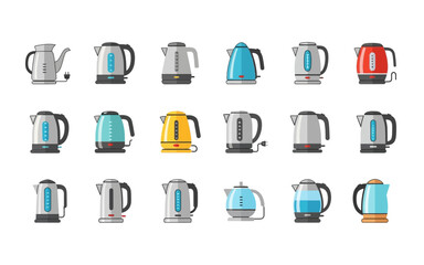Collection of various electric kettles in different colors and designs arranged on a white background space