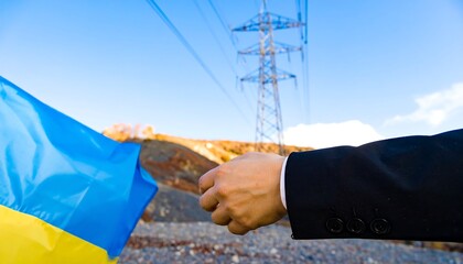 Person in suit holds Ukrainian flag by power line
