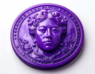 Purple coin featuring a woman's face with ornate hair and jewelry, against white