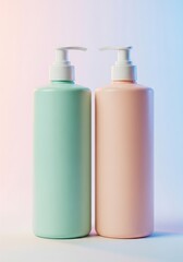 Two pastel colored pump bottles against a soft gradient background