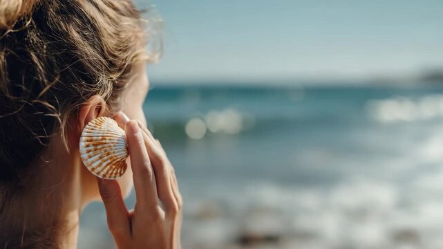 Woman holding seashell near ear by ocean shore with calm waves and blue sky, enjoying peaceful moment and natural beauty in warm sunlight