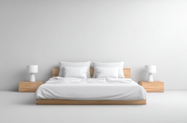 Minimalist bedroom with wooden bed frame, white linens, bedside tables, and lamps against a wall