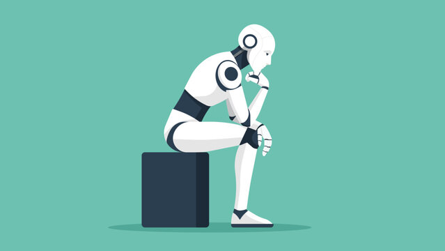 Humanoid robot sitting in thinker pose, symbol of philosophy, technology, future, intelligence, reflection, human and machine concept, modern society metaphor. Flat vector illustration