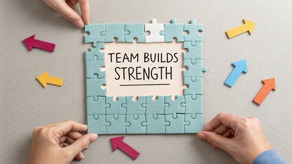 Team Building Activity Shows Hands Assembling Puzzle Pieces With Text Team Builds Strength Surrounded By Colorful Arrows