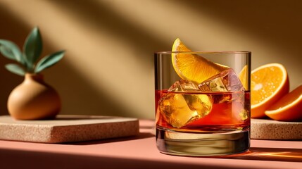 A Refreshing Citrus Elixir: A visually striking composition of a cocktail, ice, and a slice of fresh orange, artfully placed alongside vibrant oranges and a delicate vase.
