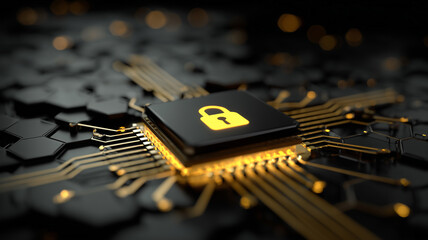 Cybersecurity microchip with lock symbol representing data protection encryption secure hardware and digital privacy
