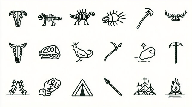 Line icon set of prehistoric elements including dinosaur, animal skull, stone tools