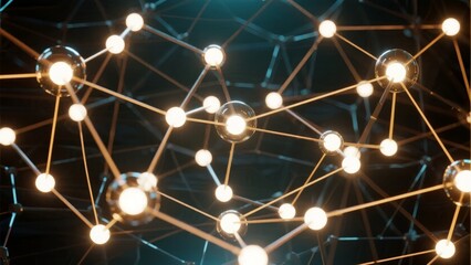 Illuminated network of interconnected nodes with glowing spheres and metallic rods