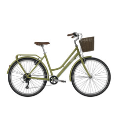 Olive green vintage bicycle with wicker basket and brown seat isolated on a transparent background bike