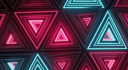 Geometric triangle tunnel with glowing edges, hypnotic pattern in vibrant pink and cyan, creating depth and dimension,