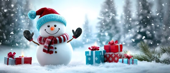 Obraz premium Snowman with gifts for Christmas and New Year.
