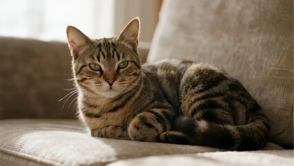 Fototapeta premium A tabby cat resting on a cushioned sofa in a sunlit room