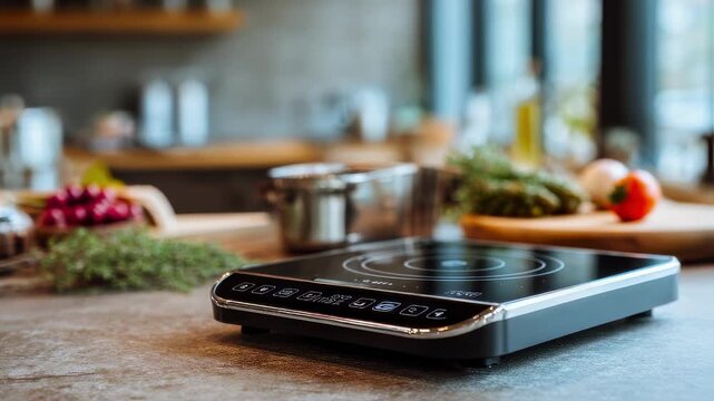 Focused medium shot of a portable induction cooktop showcasing its compact design and digital controls with a softly blurred workspace behind.