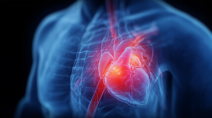 Human heart highlighted within chest anatomy visualizing cardiovascular risk disease detection and lifesaving diagnostics for medical education and healthcare communication.

