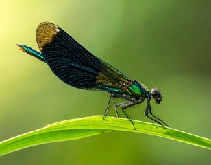 Close-up of a vibrant dragonfly on a blade of grass