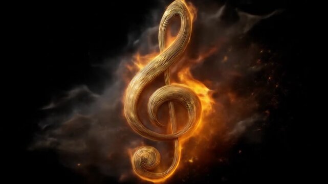 Golden treble clef symbol surrounded by fire and smoke on black background