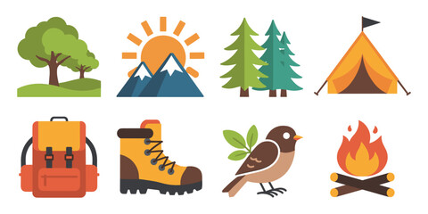 Outdoor Adventure and Camping Themed Icons With Nature Elements Keywords: camping, tent