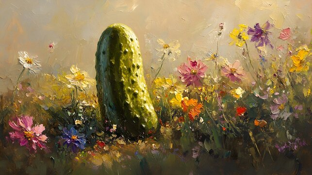 A vibrant painting of a pickle standing tall amidst a colorful wildflower meadow.