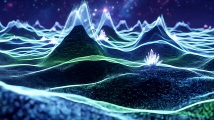Abstract digital landscape with glowing crystals and particle waves background animation - Powered by Adobe
