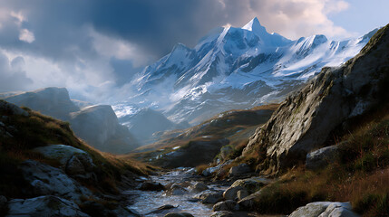 Snowy Mountain Peak Under Cloudy Sky With Brown Valley Landscape and Water Stream View