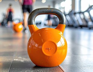 Bright orange kettlebell on a tiled floor with gym goers in the blurry background