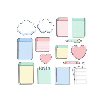Pastel to-do list and notes sheets, spiral notebook style, grid notes, cute rainbow and star decorations, kawaii stationery theme, white background