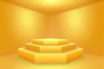 A geometric, stepped platform, bathed in warm light within a minimalist, golden-hued corner