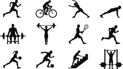 Silhouette icons of people engaged in various sports and fitness activities vector illustration